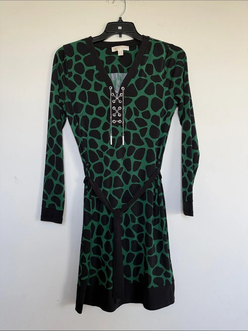 Michael Kors Green and Black Lace-Up Long Sleeve Dress